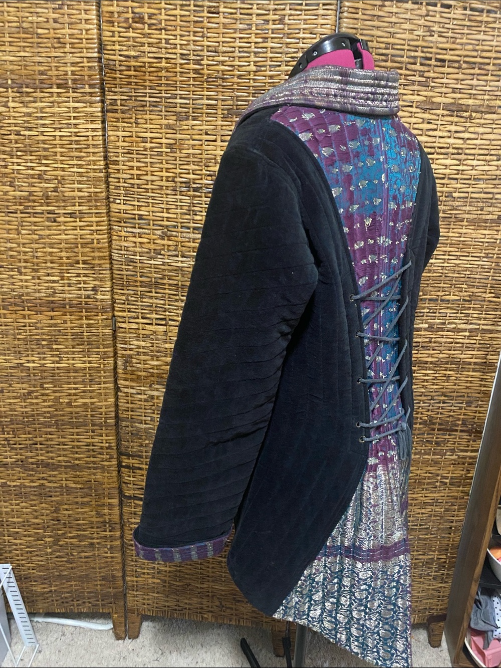VTG 100% silk velvet tapestry waistcoat, Victorian steampunk lace up back XL